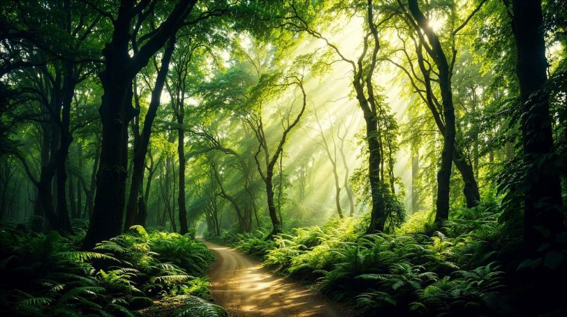 Ein lichtdurchfluteter Wald, ein Weg in der MItte.